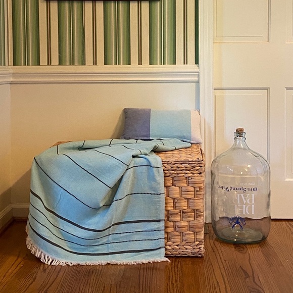 Organic Cotton Throw Blanket Water Green Black Minimal Stripe Boho Coastal Set 2 - Picture 7 of 9